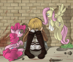 Size: 1855x1571 | Tagged: safe, artist:insanitylittlered, fluttershy, pinkie pie, human, armin, armin arlert, attack on titan, shingeki no koyubi