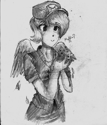 Size: 1024x1188 | Tagged: safe, artist:dynamocha, derpy hooves, clothes, hat, humanized, muffin, solo, traditional art, winged humanization