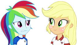 Size: 1052x614 | Tagged: safe, artist:fella, derpibooru import, edit, applejack, rainbow dash, equestria girls, appledash, blonde hair, blushing, clothes, cute, female, jackabetes, jersey, lesbian, multicolored hair, polo, shipping, simple background, smiling, transparent background