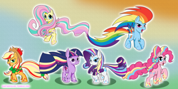 Size: 1280x640 | Tagged: safe, artist:askthefillies, derpibooru import, applejack, fluttershy, pinkie pie, rainbow dash, rarity, twilight sparkle, twilight sparkle (alicorn), alicorn, earth pony, pegasus, pony, unicorn, ask the fillies, bedroom eyes, bow, cute, female, filly, flying, glare, glow, looking at you, mane six, mare, open mouth, rainbow power, raised eyebrow, raised hoof, smiling, spread wings