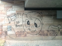 Size: 1280x956 | Tagged: safe, derpy hooves, pegasus, pony, female, killroy was here, mare, vandalism, wall