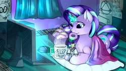 Size: 1920x1080 | Tagged: safe, artist:malamol, starlight glimmer, pony, unicorn, bedroom, blanket, computer, cute, donut, eating, female, food, glimmerbetes, glowing horn, magic, mare, pillow, samurai jack, smiling, solo, telekinesis