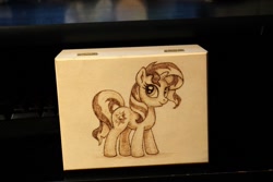 Size: 1280x854 | Tagged: safe, artist:horseez, sunset shimmer, pony, unicorn, backwards cutie mark, box, pyrography, solo, woodwork