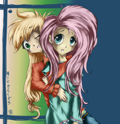 Size: 1247x1294 | Tagged: safe, artist:klalaskaxd, applejack, fluttershy, clothes, female, humanized