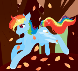 Size: 1280x1166 | Tagged: safe, artist:hallow-feather, derpibooru import, rainbow dash, pegasus, pony, autumn, female, leaves, mare, running, solo, spread wings, tree, wings