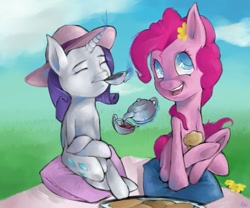 Size: 979x816 | Tagged: safe, artist:wanderereclipse, pinkie pie, rarity, earth pony, pony, unicorn, muffin, tea, tea party