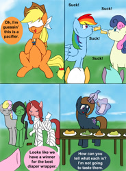 Size: 1000x1359 | Tagged: safe, artist:emilou1985, derpibooru import, applejack, bon bon, rainbow dash, sweetie drops, oc, earth pony, pegasus, pony, comic:signs, baby bottle, baby shower, blindfold, comic, pacifier