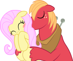 Size: 4322x3602 | Tagged: safe, artist:bobthelurker, artist:marindashy, big macintosh, fluttershy, earth pony, pegasus, pony, blushing, fluttermac, hug, kissing, male, shipping, simple background, stallion, straight, transparent background, vector