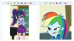 Size: 841x469 | Tagged: safe, derpibooru import, edit, edited screencap, screencap, rainbow dash, sci-twi, twilight sparkle, better together, equestria girls, arm behind back, clothes, derpibooru, female, glasses, juxtaposition, meta, skirt, smiling