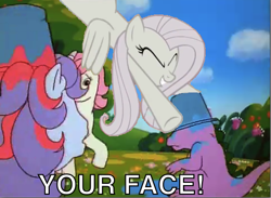 Size: 481x353 | Tagged: safe, fluttershy, spike, dragon, pegasus, pony, g1, caption, discorded, flutterbitch