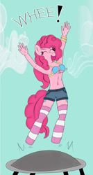 Size: 600x1120 | Tagged: safe, artist:arelathh, pinkie pie, anthro, belly button, bouncing, clothes, shorts, socks, solo, striped socks, trampoline