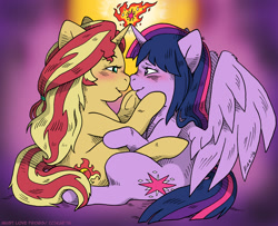 Size: 1100x894 | Tagged: safe, artist:kaemantis, sunset shimmer, twilight sparkle, twilight sparkle (alicorn), alicorn, pony, unicorn, female, horns are touching, lesbian, shipping, sunsetsparkle