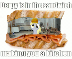 Size: 1280x1047 | Tagged: safe, derpy hooves, pegasus, pony, female, image macro, mare, sandwich