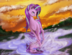 Size: 2727x2118 | Tagged: safe, artist:vinicius040598, starlight glimmer, pony, unicorn, detailed background, digital art, running, signature, solo, splashing, water