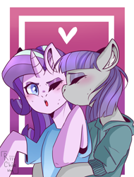 Size: 1900x2500 | Tagged: safe, artist:riiichie, maud pie, starlight glimmer, earth pony, pony, unicorn, blushing, colored pupils, eyes closed, female, lesbian, mare, shipping, smooch, starmaud