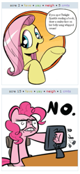 Size: 263x571 | Tagged: safe, fluttershy, pinkie pie, earth pony, pegasus, pony, bad advice fluttershy, computer, exploitable meme, juxtaposition, juxtaposition win, meme