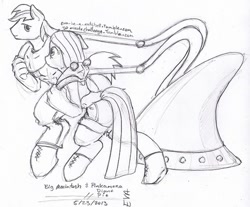 Size: 500x413 | Tagged: safe, artist:evangle, big macintosh, pinkie pie, anthro, earth pony, unguligrade anthro, 30 minute art challenge, clothes, farmer, female, hoof boots, male, monochrome, pinkamena diane pie, pinkiemac, plow, shipping, simple background, straight, swapped cutie marks, white background