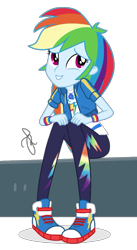 Size: 1126x2048 | Tagged: safe, artist:ilaria122, derpibooru import, rainbow dash, better together, equestria girls, overpowered (equestria girls), bench, clothes, converse, female, geode of super speed, magical geodes, pants, shoes, signature, simple background, sitting, solo, transparent background