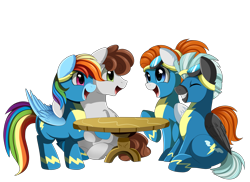 Size: 4094x2975 | Tagged: safe, artist:pridark, derpibooru import, rainbow dash, thunderlane, oc, oc:dreamer, oc:sky chase, pegasus, pony, canon x oc, clothes, commission, cute, dashabetes, female, goggles, male, mare, rainmer, stallion, table, uniform, wonderbolts, wonderbolts uniform