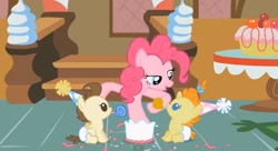 Size: 638x348 | Tagged: safe, screencap, pinkie pie, pound cake, pumpkin cake, earth pony, pony, baby cakes, babies, baby ponies, bedroom eyes, cake, diaper, diapered, diapered colt, diapered filly, diapered foals, noisemakers, one month old colt, one month old filly, one month old foals, out of context, party hats, party horns, sugarcube corner, white diapers