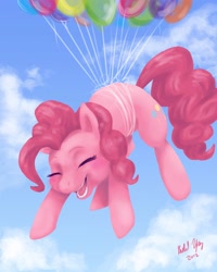 Size: 2400x3000 | Tagged: safe, artist:distraction-number-4, pinkie pie, earth pony, pony, balloon, flying, solo, then watch her balloons lift her up to the sky