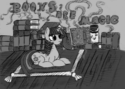 Size: 1727x1224 | Tagged: safe, artist:malamol, derpibooru import, twilight sparkle, book, levitation, magic, monochrome, prone, reading, solo, telekinesis, that pony sure does love books