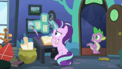 Size: 480x270 | Tagged: safe, screencap, spike, starlight glimmer, dragon, pony, unicorn, every little thing she does, animated, gif, starlight's room