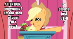 Size: 638x348 | Tagged: safe, applejack, earth pony, pony, female, gtfo, image macro, mare, tired