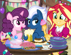 Size: 900x696 | Tagged: safe, artist:pixelkitties, night glider, sugar belle, sunset shimmer, equestria girls, cake, crossover, cupcake, cute, eclair, food, grin, pie, pixelkitties' brilliant autograph media artwork, rebecca shoichet, voice actor joke