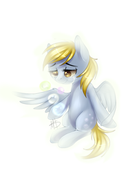 Size: 701x879 | Tagged: safe, artist:ghst-qn, derpy hooves, pegasus, pony, abstract background, bubble, colored pupils, crying, glow, sitting, smiling, solo, spread wings, wings