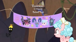 Size: 1920x1080 | Tagged: safe, screencap, cozy glow, grogar, lord tirek, queen chrysalis, centaur, changeling, changeling queen, pegasus, pony, frenemies (episode), banner, female, filly, flying, foal, mike vogel, solo