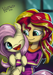 Size: 707x1000 | Tagged: safe, artist:clopplots, fluttershy, sunset shimmer, pony, equestria girls, holding a pony, wink