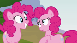 Size: 640x360 | Tagged: safe, screencap, pinkie pie, earth pony, pony, too many pinkie pies, clone, cropped, duo, female, mare, multeity, pinkie clone, smiling, too much pink energy is dangerous