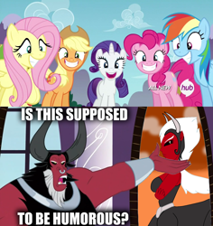 Size: 1272x1348 | Tagged: safe, derpibooru import, applejack, fluttershy, lady tirek, lord tirek, pinkie pie, rainbow dash, rarity, earth pony, pegasus, pony, unicorn, twilight's kingdom, exploitable meme, is this supposed to be humorous, meme, rule 63