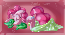 Size: 2000x1088 | Tagged: safe, artist:pauuhanthothecat, gummy, pinkie pie, earth pony, pony, female, mare, pink coat, pink mane, sleeping