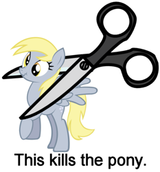 Size: 637x683 | Tagged: artist needed, safe, derpy hooves, pegasus, pony, derpybuse, downvote bait, female, from ponibooru, imminent death, imminent decapitation, implied decapitation, mare, op is a cuck, scissors, solo, this kills the crab