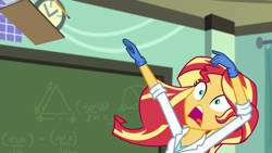 Size: 1280x720 | Tagged: safe, screencap, sunset shimmer, equestria girls, the science of magic, chalkboard, clipboard, dab, falling, pencil, solo, sunset the science gal