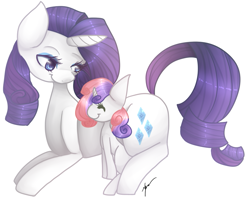 Size: 971x768 | Tagged: safe, artist:pinapapo, rarity, sweetie belle, pony, unicorn, duo, duo female, female, filly, mare, siblings, sisters, white coat