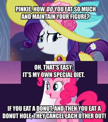 Size: 1136x1280 | Tagged: safe, edit, edited screencap, screencap, pinkie pie, rarity, earth pony, pony, unicorn, sweet and elite, clothes, comic, diet, dress, duo, hat, image macro, meme, pinkie logic, screencap comic