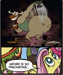 Size: 397x473 | Tagged: safe, fluttershy, pegasus, pony, yak, blue coat, blue eyes, cheese grater, dialogue, exploitable meme, female, looking up, mare, meme, multicolored tail, nature is so fascinating, pink coat, pink mane, ren and stimpy, smiling, speech bubble, wat, wings, yellow coat