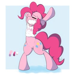 Size: 894x894 | Tagged: safe, artist:shirohomura, pinkie pie, earth pony, pony, belly button, bipedal, bottomless, clothes, shirt, solo, wavy mouth, wide hips, yawn