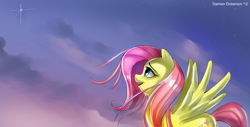 Size: 1360x692 | Tagged: safe, artist:skyart301, fluttershy, pegasus, pony, cloud, female, mare, sky, solo, stars, windswept mane