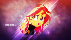 Size: 2560x1440 | Tagged: safe, artist:luckreza8, artist:shaakuras, sunset shimmer, equestria girls, abstract background, looking over shoulder, text, vector, wallpaper, waving