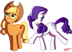 Size: 995x720 | Tagged: safe, artist:anartistcalledred, applejack, rarity, earth pony, pony, unicorn, blonde mane, duo, female, horn, mare, orange coat, purple mane, white coat