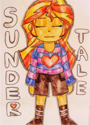 Size: 937x1299 | Tagged: safe, artist:blazingdazzlingdusk, derpibooru exclusive, sunset shimmer, equestria girls, clothes, cosplay, costume, crossover, drawing, frisk, solo, traditional art, undertale