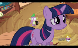 Size: 1024x640 | Tagged: safe, derpibooru import, screencap, spike, twilight sparkle, dragon, magical mystery cure, youtube caption