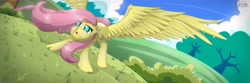 Size: 7087x2362 | Tagged: safe, artist:unnop64, fluttershy, pegasus, pony, female, mare, solo, windswept mane