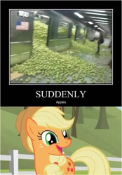 Size: 494x711 | Tagged: safe, screencap, applejack, earth pony, pony, apple, demotivational poster, meme, solo, that pony sure does love apples