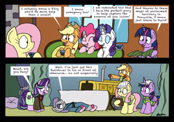 Size: 3477x2446 | Tagged: safe, artist:bobthedalek, applejack, fluttershy, maud pie, pinkie pie, rarity, starlight glimmer, twilight sparkle, twilight sparkle (alicorn), alicorn, earth pony, pegasus, pony, unicorn, fluttershy leans in, rock solid friendship, arthur dent, bathrobe, bulldozer, clothes, comic, dialogue, ford prefect, hitchhiker's guide to the galaxy, l. prosser, maud's cave