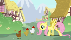 Size: 1920x1080 | Tagged: safe, fluttershy, chicken, pegasus, pony, spoiler:double rainboom, double rainboom, female, mare